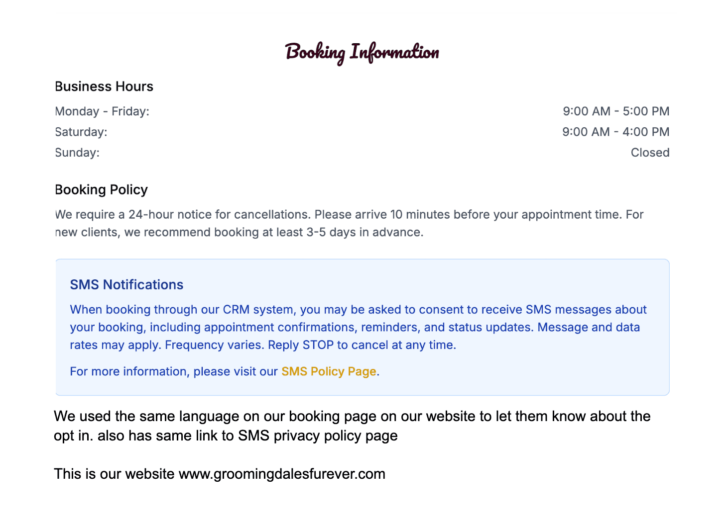 Website booking page showing SMS notifications section with consent information and link to SMS policy