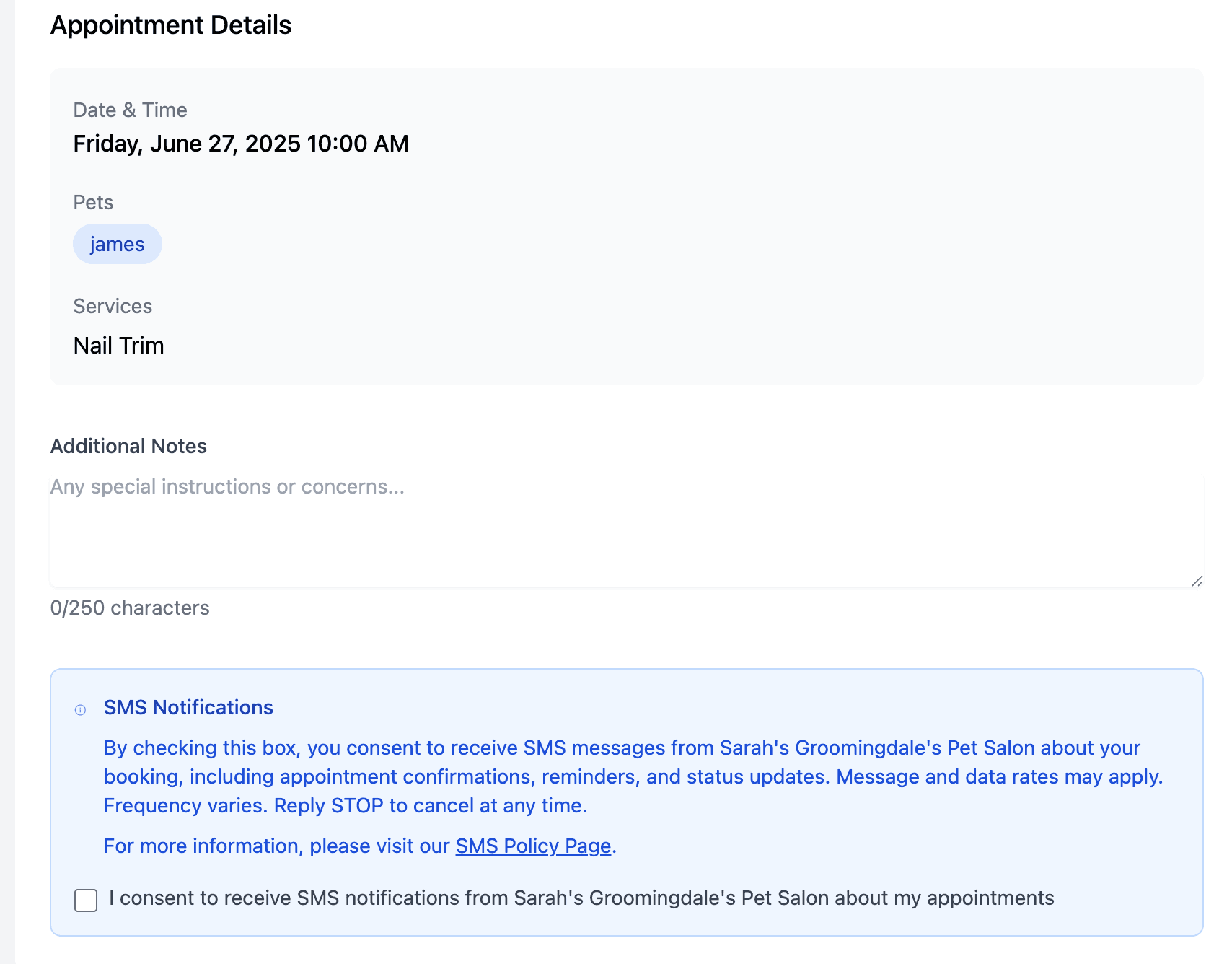 Booking form showing SMS notifications checkbox with consent language and policy link